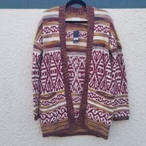 NWT Lucky Brand long line open front jacquard cardigan red cream tan small